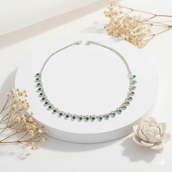 Green Heart Stone Silver Necklace for Girls & Women - Aggarwal jewels