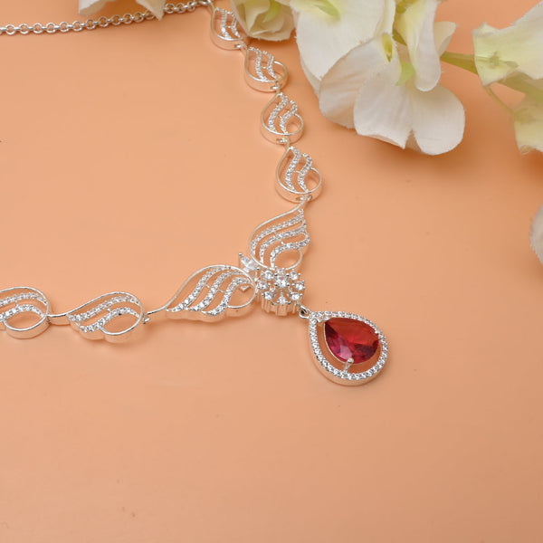 Luxury Silver Necklace and Earring Set Featuring Bold Blood Red Water Drop Stone. - Aggarwal jewels