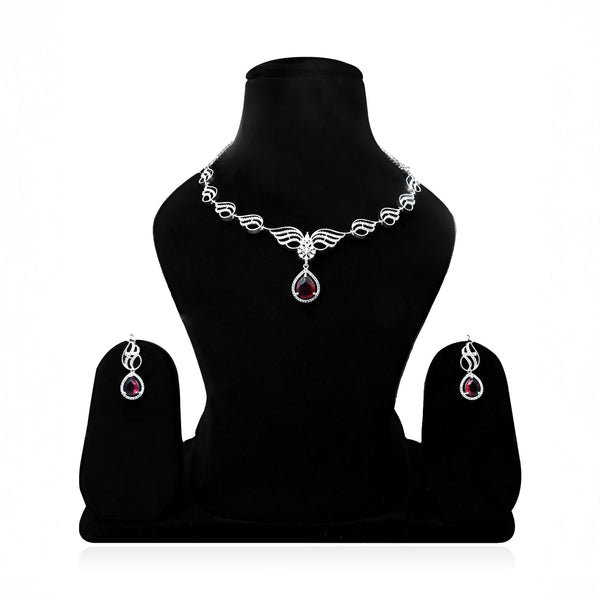 Luxury Silver Necklace and Earring Set Featuring Bold Blood Red Water Drop Stone. - Aggarwal jewels