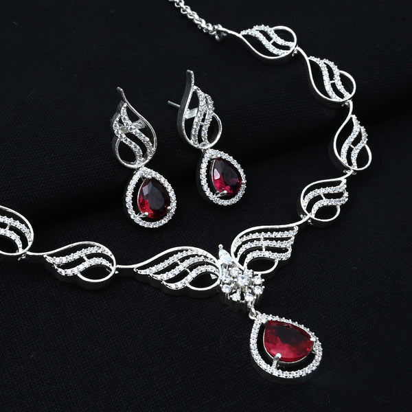 Luxury Silver Necklace and Earring Set Featuring Bold Blood Red Water Drop Stone. - Aggarwal jewels