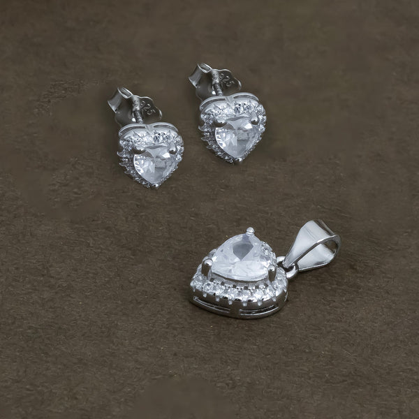 Silver Heart Solitaire Pendant & Earrings Set - Aggarwal jewels