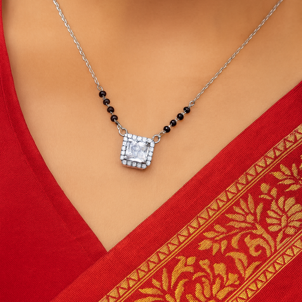 Classic Black Beaded Mangalsutra with Sparkling Square Pendant - Aggarwal jewels