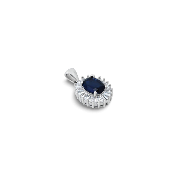 Silver Blue Oval Shape Gem Stone with CZ Gem stone Border Pendant for Girls - Aggarwal jewels
