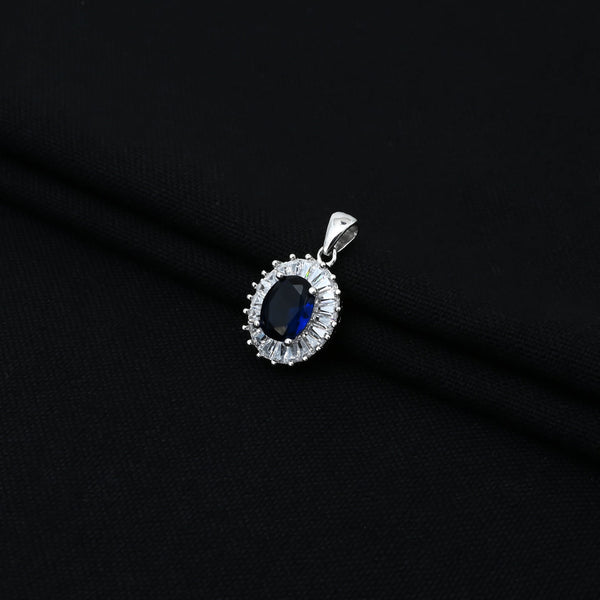 Silver Blue Oval Shape Gem Stone with CZ Gem stone Border Pendant for Girls - Aggarwal jewels