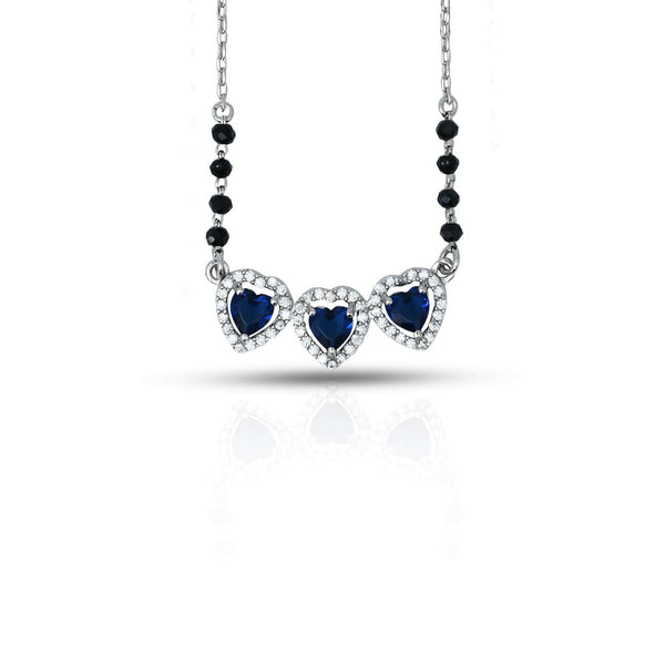 Sterling Silver Three Center Heart Shape Blue Stone Mangalsutra for Girls - Aggarwal jewels