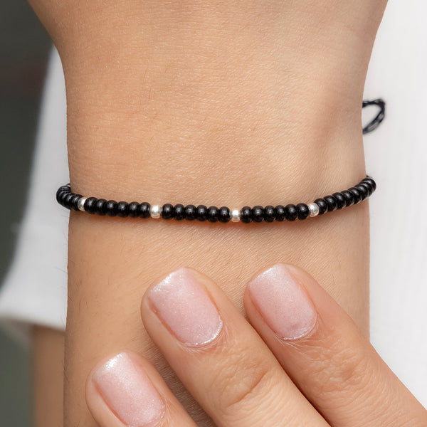 Black Beads Bracelet with Silver Accents - Aggarwal jewels