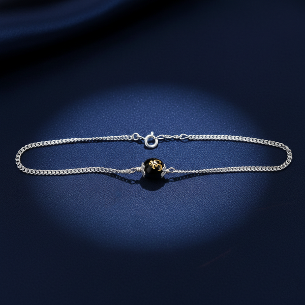 Sterling Silver Om Black Bead Chain Bracelet - Aggarwal jewels