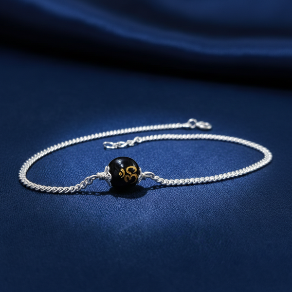 Sterling Silver Om Black Bead Chain Bracelet - Aggarwal jewels