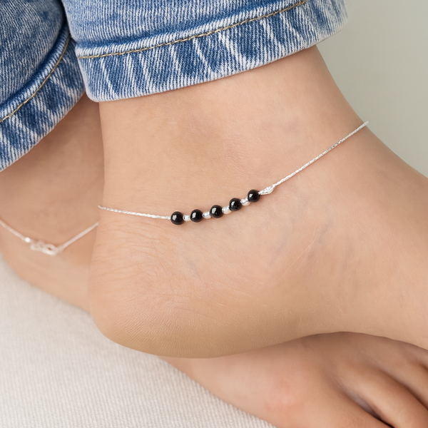 Black & Silver Beads Silver Anklet - Aggarwal jewels