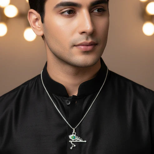 Pure Silver Flute Pendant with Morpankh Detailing - Aggarwal jewels