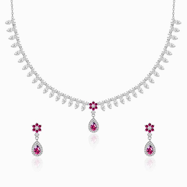 Silver Pink Flower Drop Solitaire Jewelry Set - Stunning Silver Pink Flower Earrings - Aggarwal jewels