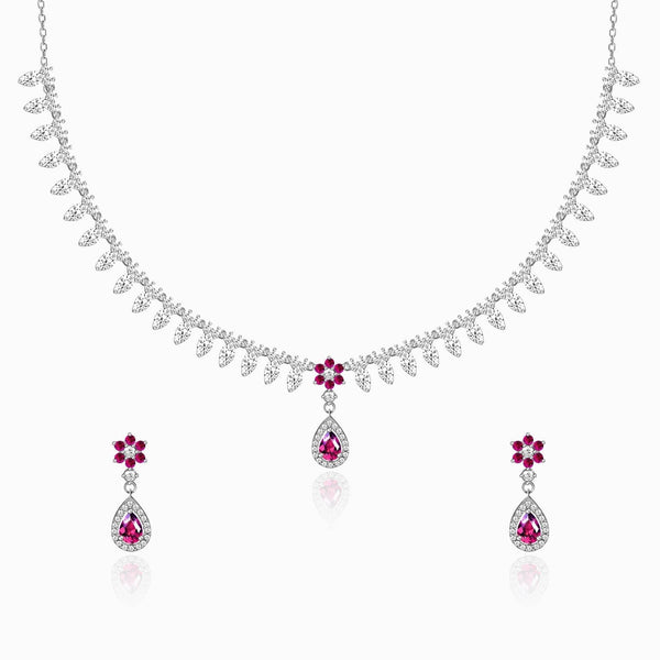 Silver Pink Flower Drop Solitaire Set - Aggarwal jewels