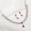 Silver-tone necklace and pink flower drop earrings set with dangling crystal drops