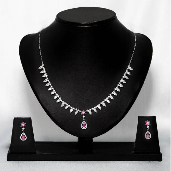 Silver Pink Flower Drop Solitaire Set - Aggarwal jewels