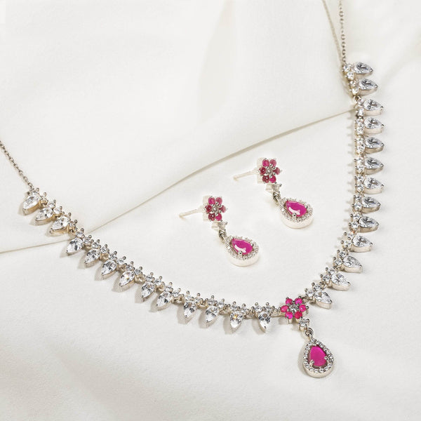 Silver Pink Flower Drop Solitaire Jewelry Set - Stunning Silver Pink Flower Earrings - Aggarwal jewels