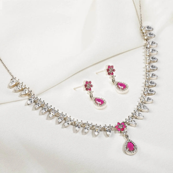 Silver-tone necklace and pink flower drop earrings set with dangling crystal drops