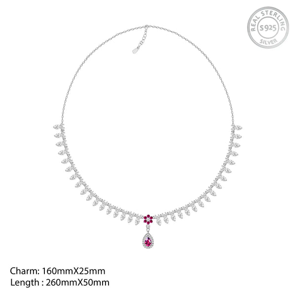 Silver-tone flower necklace with teardrop pink drop charm, S925 stamp