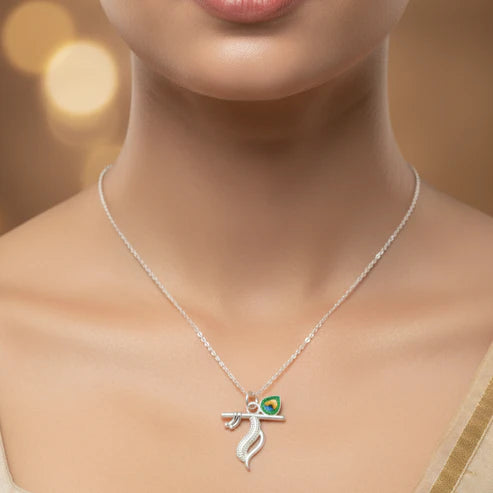 Silver Krishna Flute Pendant with Morpankh Design - Aggarwal jewels