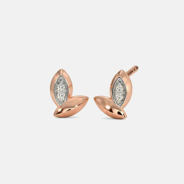 Rose gold stud earrings with oval diamond accents and pointed lower details
