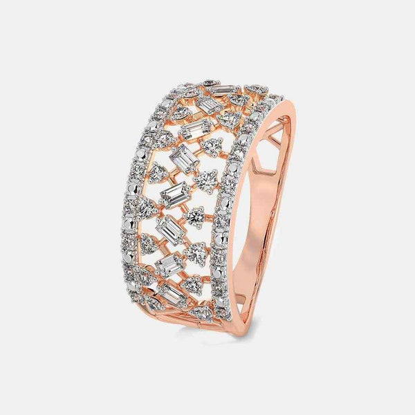 Rose gold band ring with pavé diamonds and geometric lattice side detail