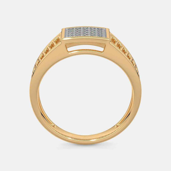 Gold ring with raised square diamond bezel and engraved side accents