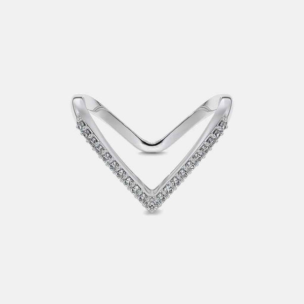 Chevron diamond ring with a V-shaped pave stone setting on polished metal