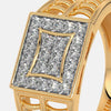 Close-up of gold ring bezel with square pavé diamonds and halo border.