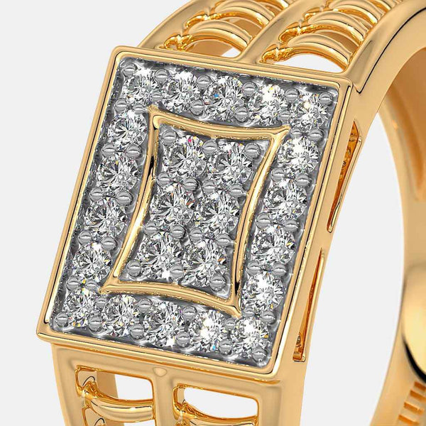 Close-up of gold ring bezel with square pavé diamonds and halo border.