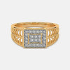 Gold statement ring with square center diamond cluster and pavé halo band.