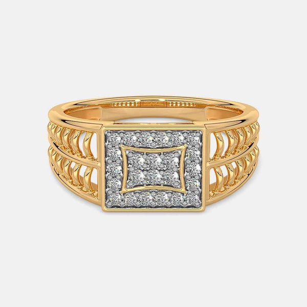 Gold statement ring with square center diamond cluster and pavé halo band.