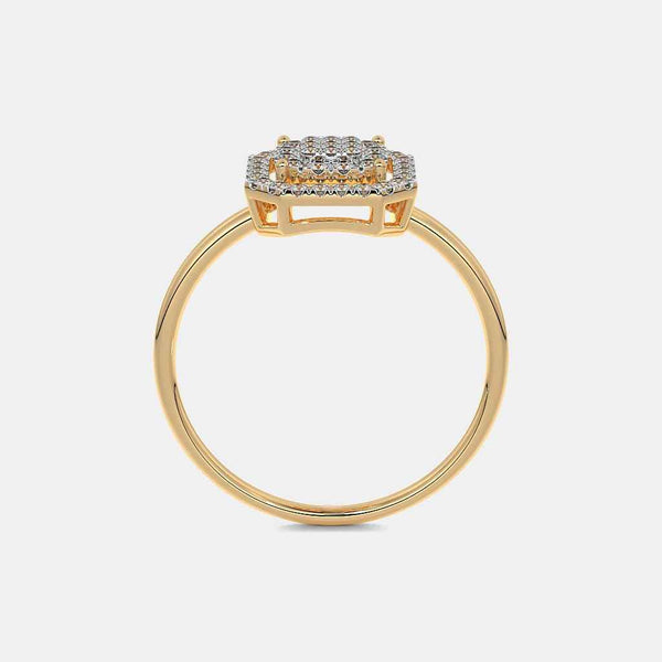 Yellow gold diamond ring with cushion halo and open band underside