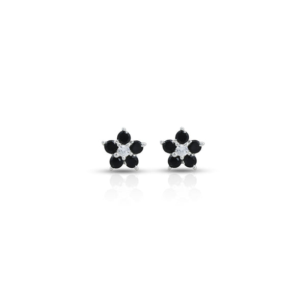 Classic Flower Design Black Stone Silver Earrings - Aggarwal jewels