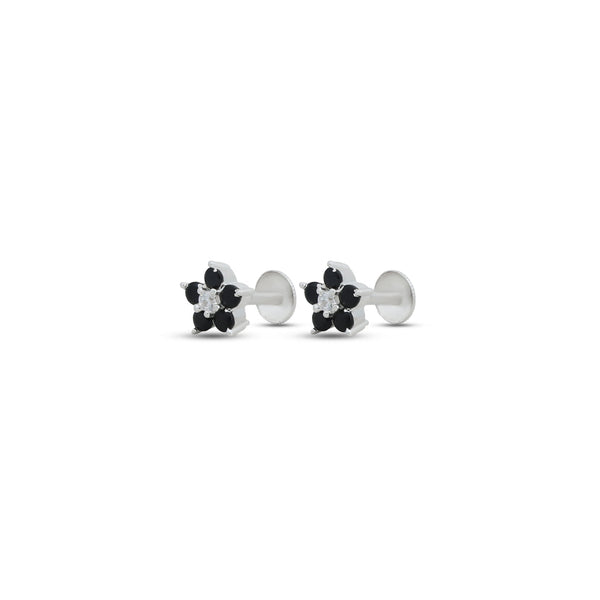 Classic Flower Design Black Stone Silver Earrings - Aggarwal jewels