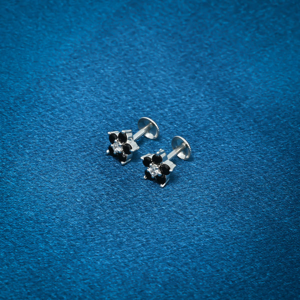 Classic Flower Design Black Stone Silver Earrings - Aggarwal jewels