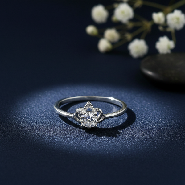 Silver Solitaire Ring with Floral Crown Ring - Aggarwal jewels