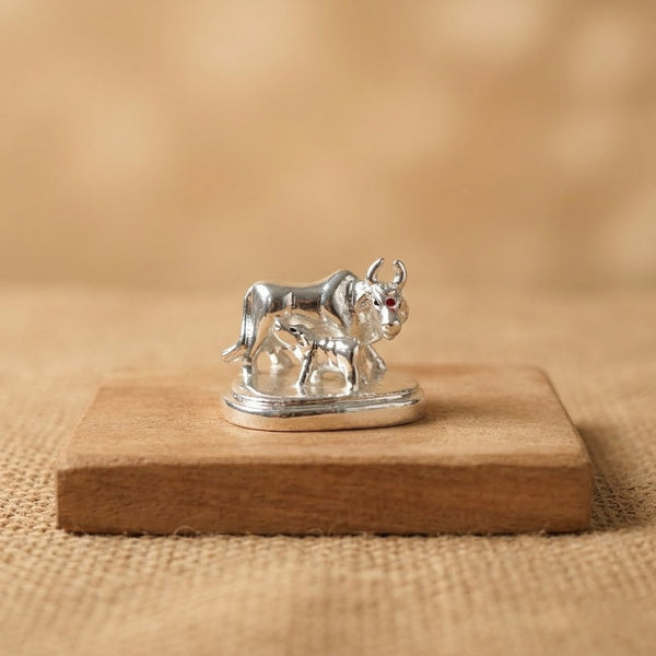 Kamdhenu Cow and Calf Idol - Beautiful Silver Polished Decorative Statue MADE - Aggarwal jewels