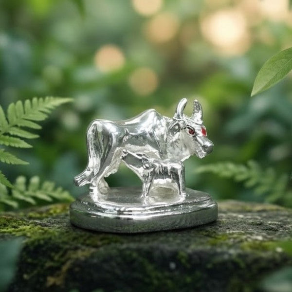 Kamdhenu Cow and Calf Idol - Beautiful Silver Polished Decorative Statue MADE - Aggarwal jewels