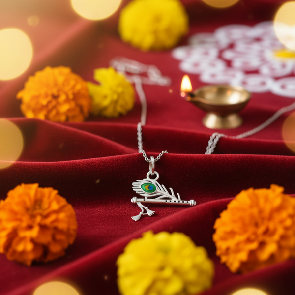 Pure Silver Flute Pendant with Morpankh Detailing - Aggarwal jewels