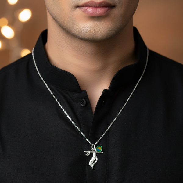 Silver Krishna Flute Pendant with Morpankh Design - Aggarwal jewels