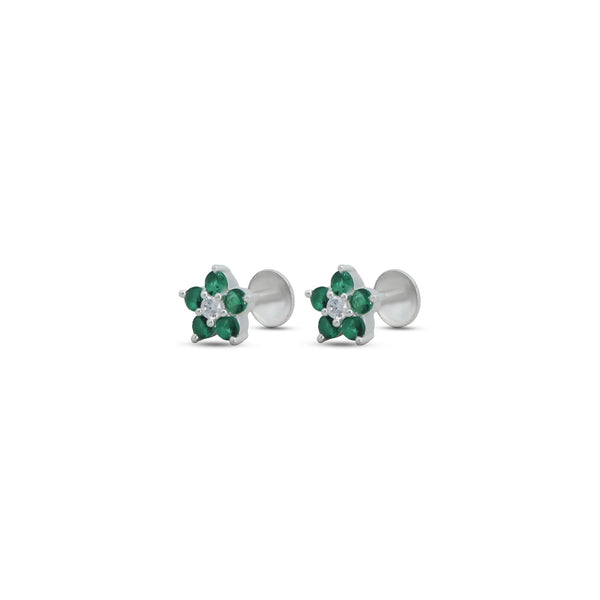 Flower Design Green Stone Silver Earrings - Aggarwal jewels