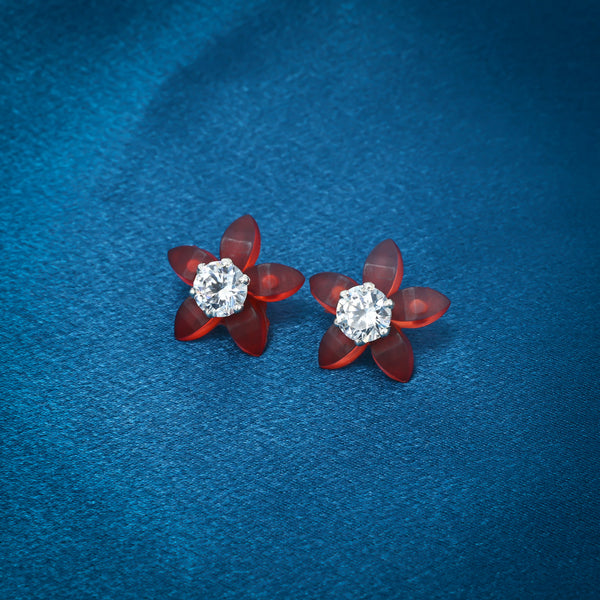 Orange Flower Silver Earrings with American Diamond Center - Aggarwal jewels