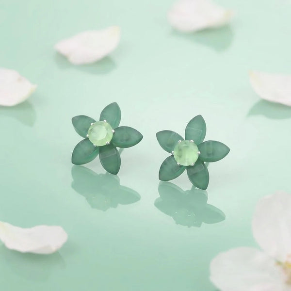 Green Flower Design Stud Silver Earrings - Aggarwal jewels