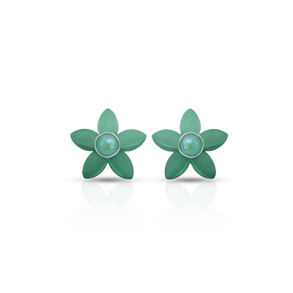 Green Flower Design Stud Silver Earrings - Aggarwal jewels