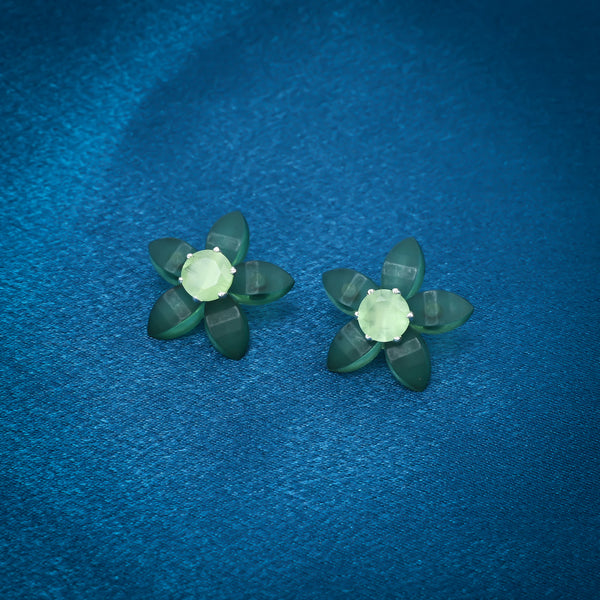 Green Flower Design Stud Silver Earrings - Aggarwal jewels