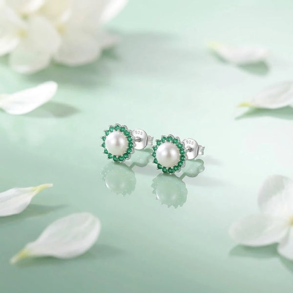 Silver Small Green Stone on Edge Flower Design Earrings for Girls - Aggarwal jewels