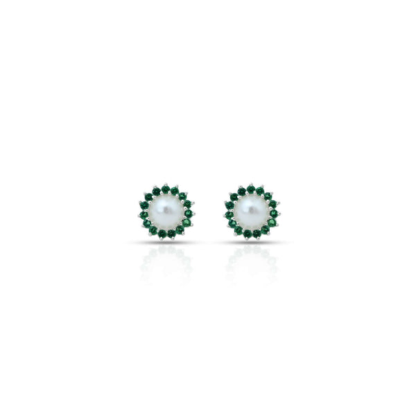 Silver Small Green Stone on Edge Flower Design Earrings for Girls - Aggarwal jewels