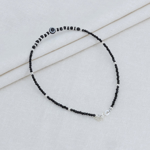 Elegant Evil Eye Silver Anklet with Black Beads