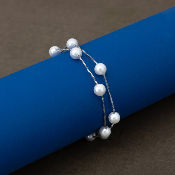 Double Strand Pearl Accent Silver Bracelet
