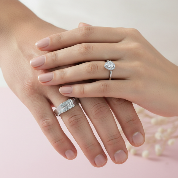 His & Her Silver Couple Ring Combo Heart CZ Ring & Geometric Band