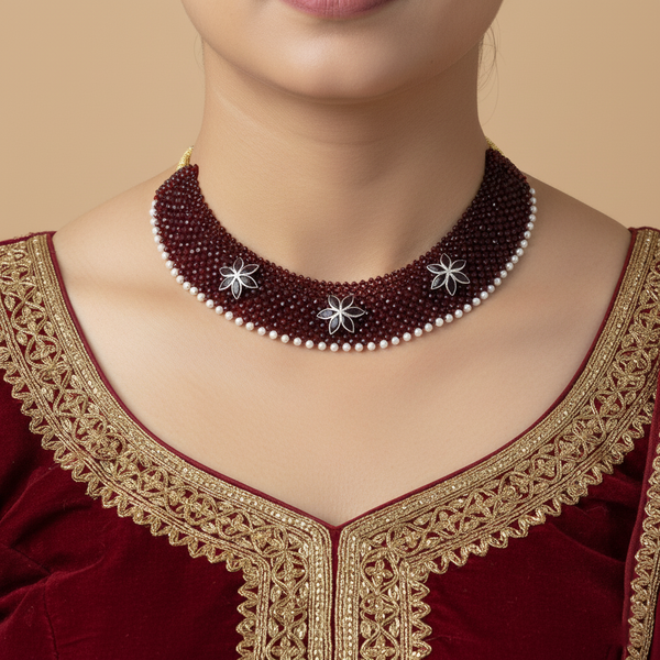 Maroon Chatai Necklace with Three Silver Flower Charms & Pearl Border